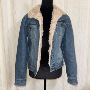 Flawed Vintage Aeropostale Denim Jacket Blue Sherpa Trim Quilted Lined Medium